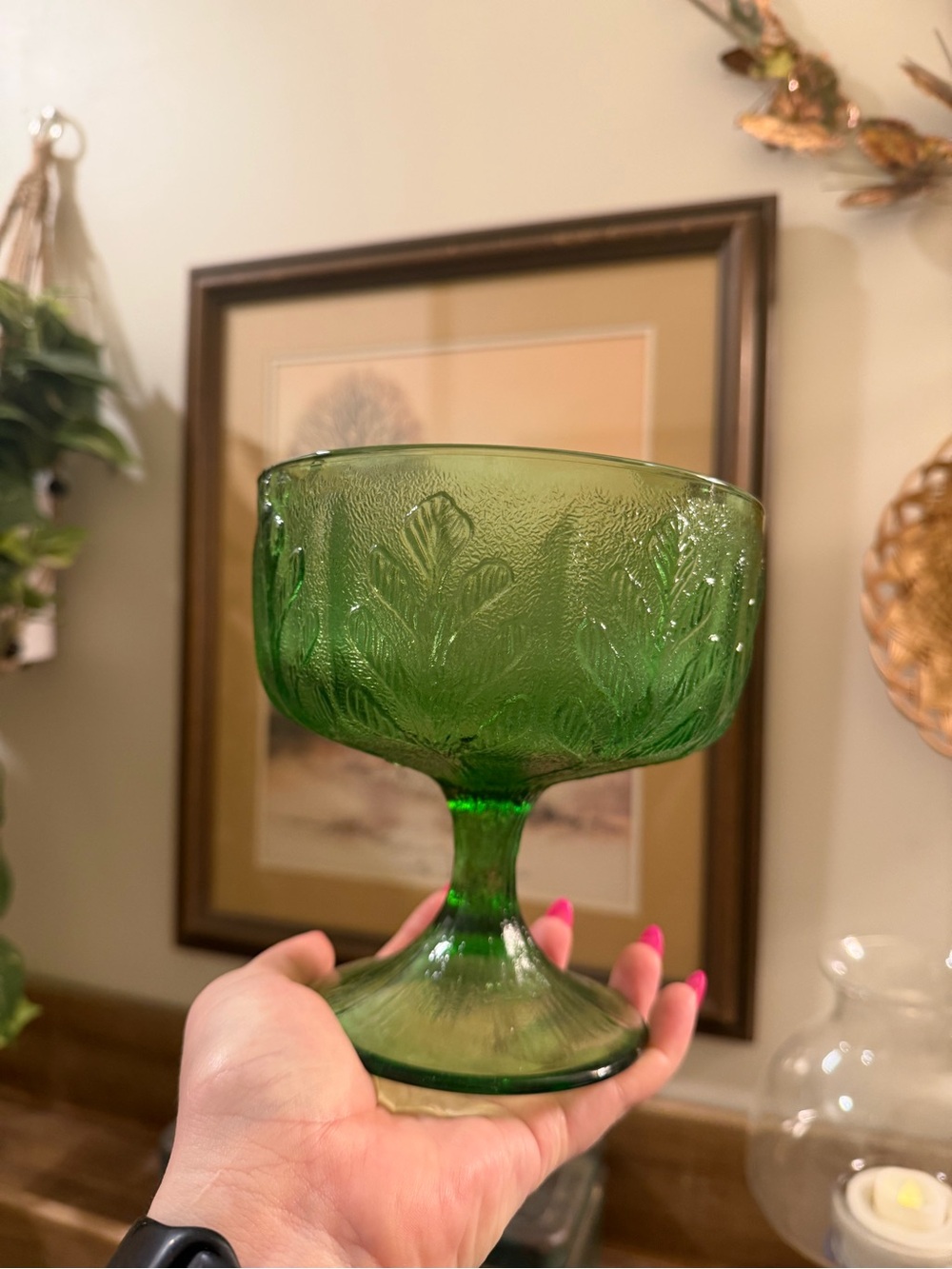 💚 Vintage FTD 1978 Emerald Green Glass Pedestal Compote Bowl Floral Leaf
